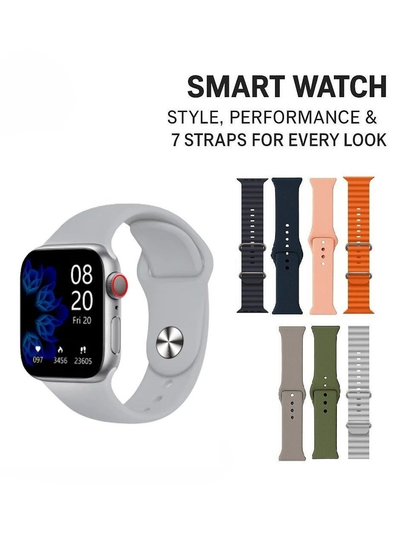 ساعة ذكية 7في1 شاشة اموليد لحساب السعرات الحرارية و استقبال الرسائل و المكالمات و تدعم اللغة العربية تاتين 7 أساور - Image 1